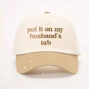 Embroidered 'put it on my husband's tab' Two-Tone Cap - Cream & Tan
